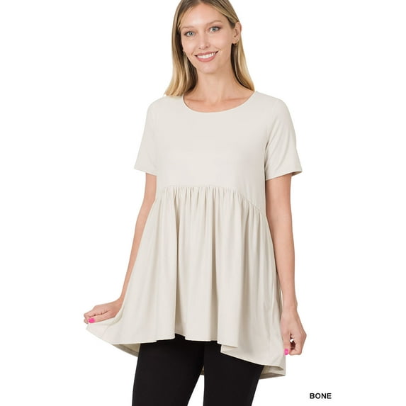 Zenana Women & Plus Round Neck Brushed DTY Short Sleeve Ruched Tunic Blouse Top