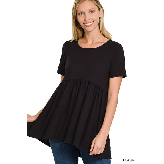 Zenana Women & Plus Round Neck Brushed DTY Short Sleeve Ruched Tunic Blouse Top