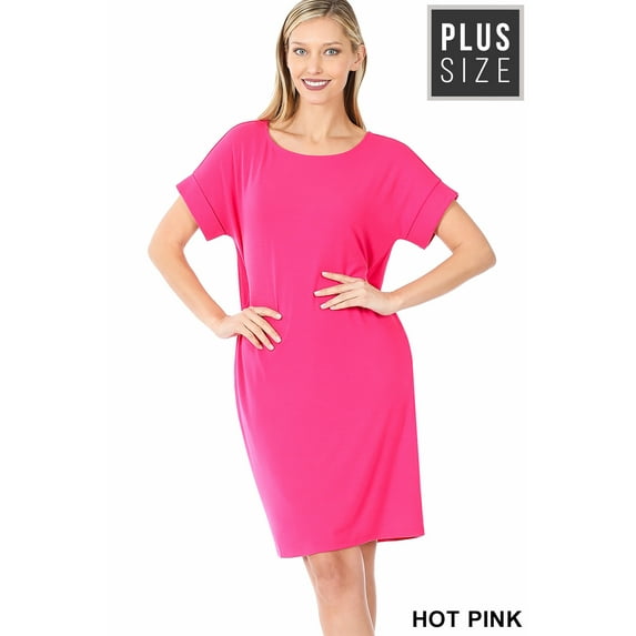 Zenana Women & Plus Round Neck Rolled Sleeve Knee Length Tunic Shirt Dress with Pockets