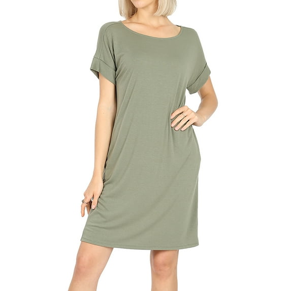Zenana Women & Plus Round Neck Rolled Sleeve Knee Length Tunic Shirt Dress with Pockets
