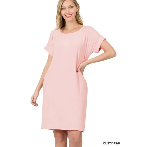 Zenana Women & Plus Round Neck Rolled Sleeve Knee Length Tunic Shirt Dress with Pockets