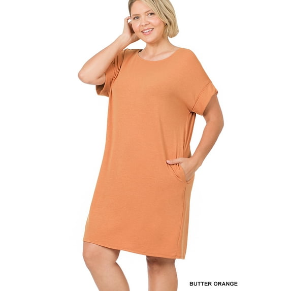 Zenana Women & Plus Round Neck Rolled Sleeve Knee Length Tunic Shirt Dress with Pockets