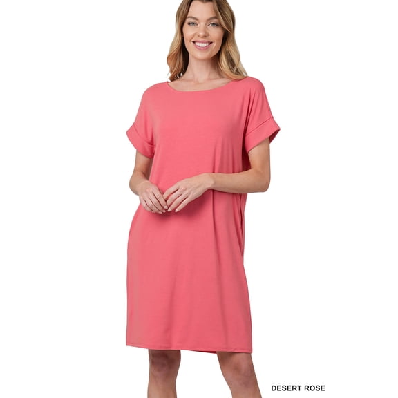 Zenana Women & Plus Round Neck Rolled Sleeve Knee Length Tunic Shirt Dress with Pockets