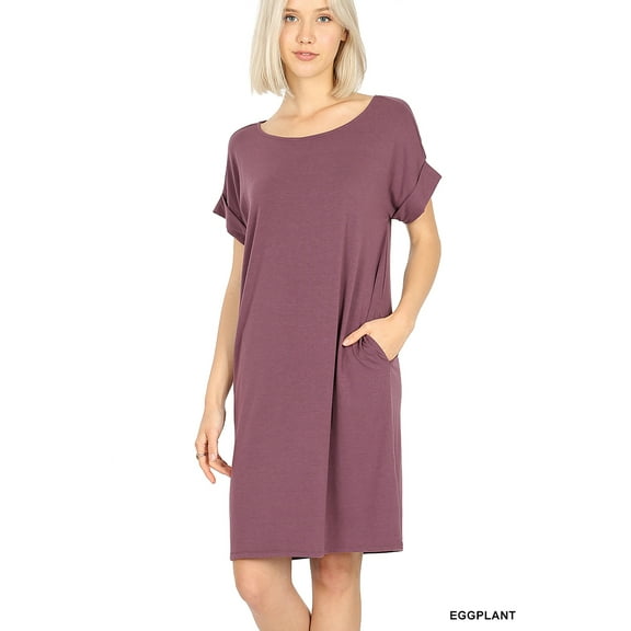 Zenana Women & Plus Round Neck Rolled Sleeve Knee Length Tunic Shirt Dress with Pockets