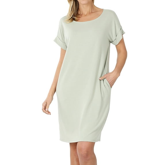 Zenana Women & Plus Round Neck Rolled Sleeve Knee Length Tunic Shirt Dress with Pockets