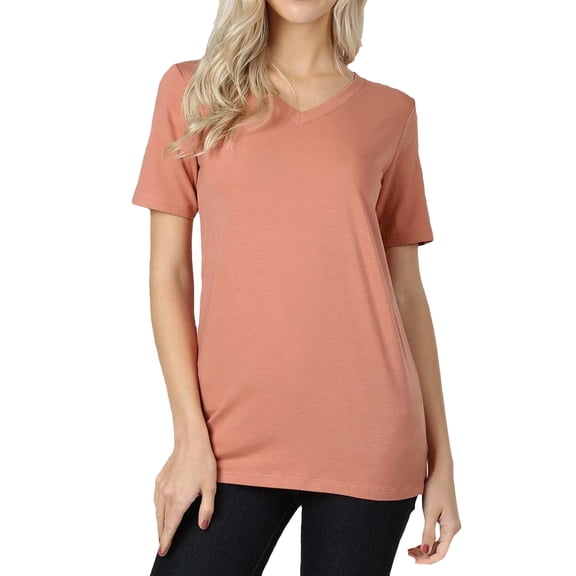 Zenana Women & Plus (S-3X) Cotton V-Neck Short Sleeve Casual Basic Tee Shirts