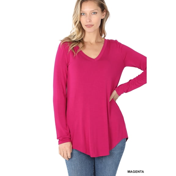 Zenana Women & Plus (S-3X) Soft Rayon Long Sleeve Dolphin Hem V-Neck Tee Shirt Top