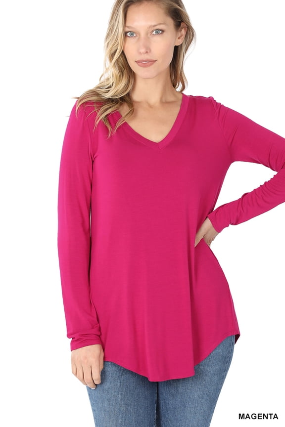 Women & Plus (S-3X) Soft Rayon Long Sleeve Dolphin Hem V-Neck Tee Shirt Top