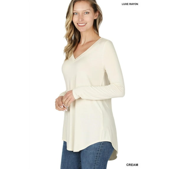 Zenana Women & Plus (S-3X) Soft Rayon Long Sleeve Dolphin Hem V-Neck Tee Shirt Top