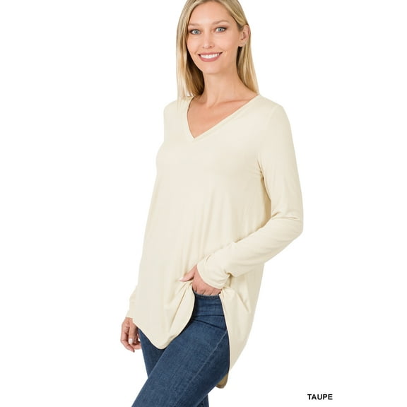 Zenana Women & Plus (S-3X) Soft Rayon Long Sleeve Dolphin Hem V-Neck Tee Shirt Top