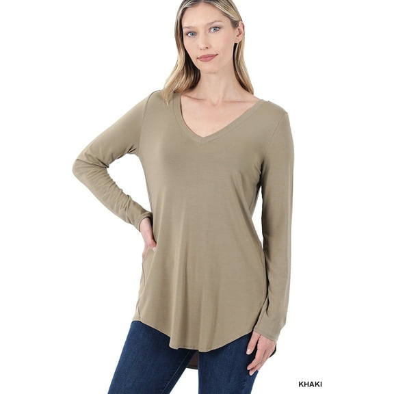 Zenana Women & Plus (S-3X) Soft Rayon Long Sleeve Dolphin Hem V-Neck Tee Shirt Top
