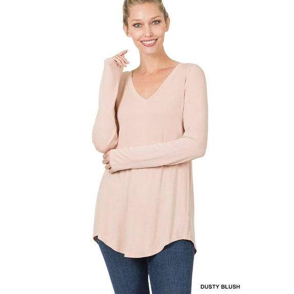 Zenana Women & Plus (S-3X) Soft Rayon Long Sleeve Dolphin Hem V-Neck Tee Shirt Top