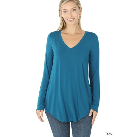 Zenana Women & Plus (S-3X) Soft Rayon Long Sleeve Dolphin Hem V-Neck Tee Shirt Top