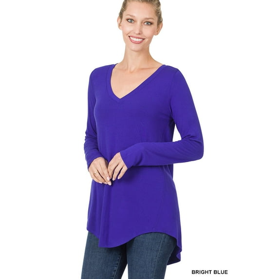 Zenana Women & Plus (S-3X) Soft Rayon Long Sleeve Dolphin Hem V-Neck Tee Shirt Top