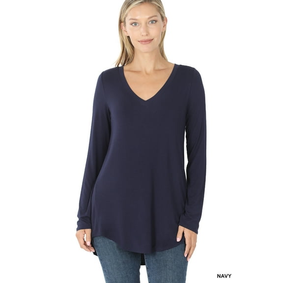 Zenana Women & Plus (S-3X) Soft Rayon Long Sleeve Dolphin Hem V-Neck Tee Shirt Top