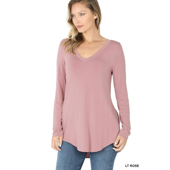 Zenana Women & Plus (S-3X) Soft Rayon Long Sleeve Dolphin Hem V-Neck Tee Shirt Top