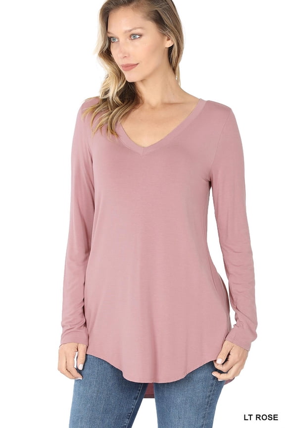 Women & Plus (S-3X) Soft Rayon Long Sleeve Dolphin Hem V-Neck Tee Shirt Top