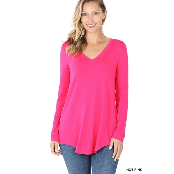 Zenana Women & Plus (S-3X) Soft Rayon Long Sleeve Dolphin Hem V-Neck Tee Shirt Top