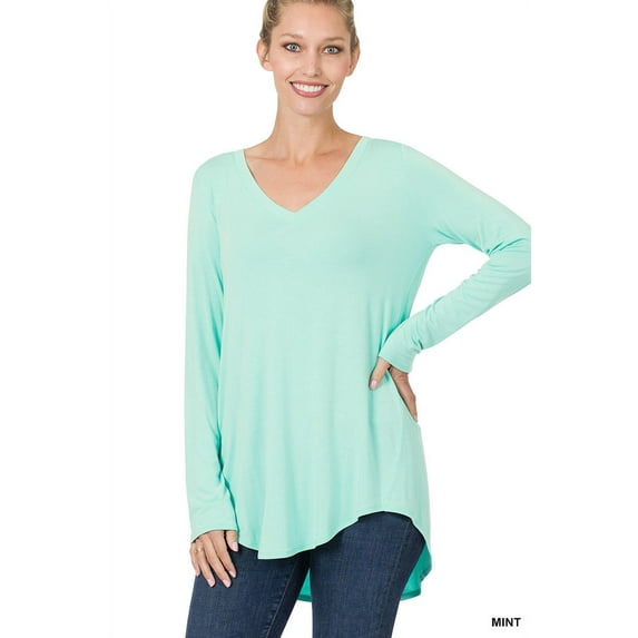 Zenana Women & Plus (S-3X) Soft Rayon Long Sleeve Dolphin Hem V-Neck Tee Shirt Top