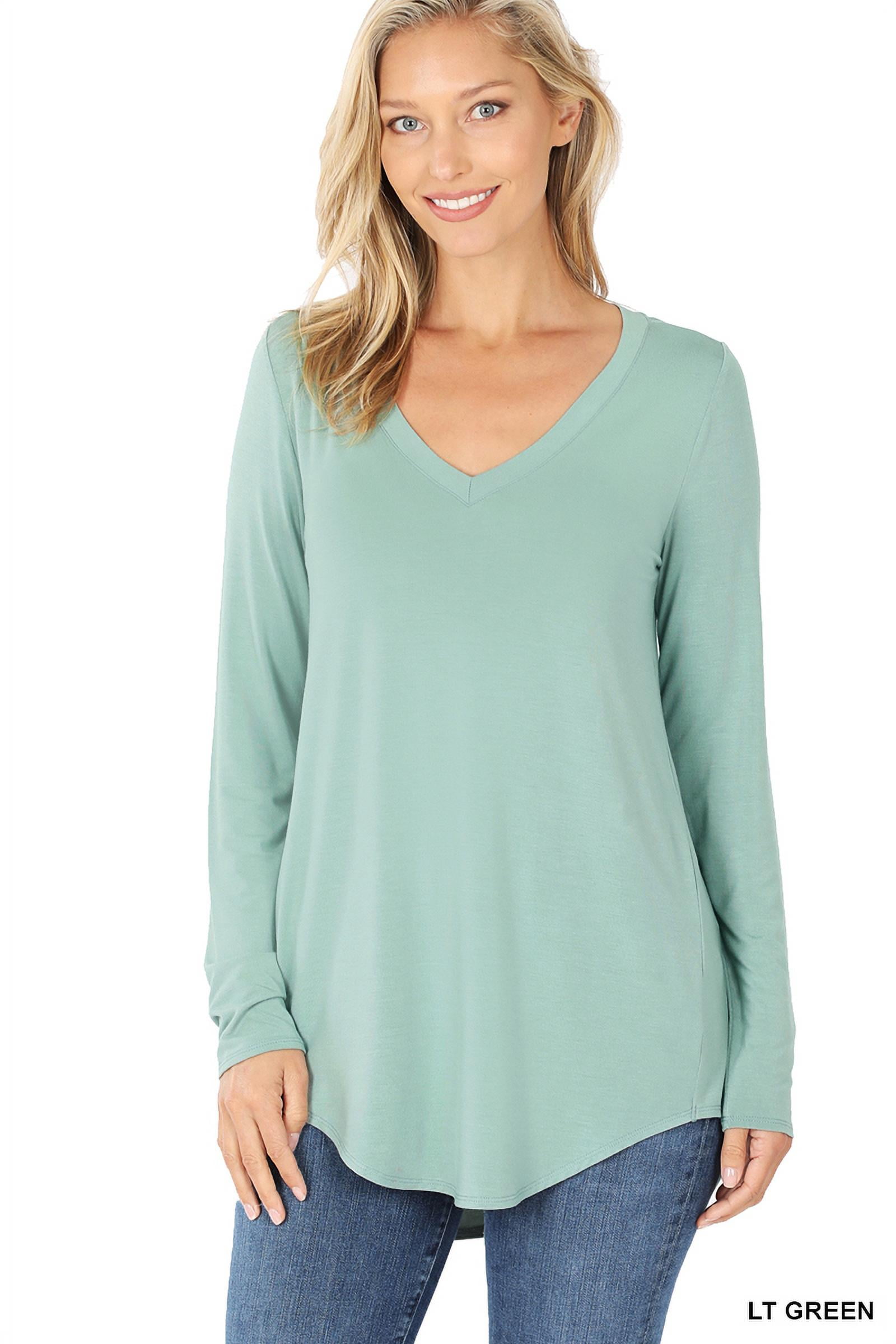 Zenana Women & Plus (S3X) Soft Rayon Long Sleeve Dolphin Hem VNeck Tee Shirt Top
