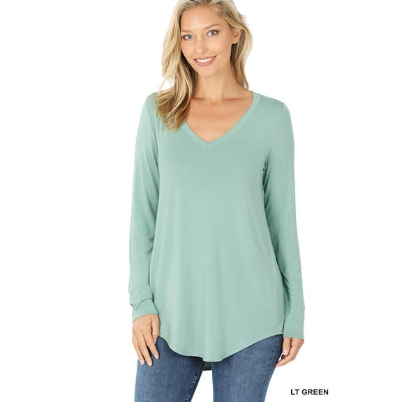 Zenana Women & Plus (S-3X) Soft Rayon Long Sleeve Dolphin Hem V-Neck Tee Shirt Top