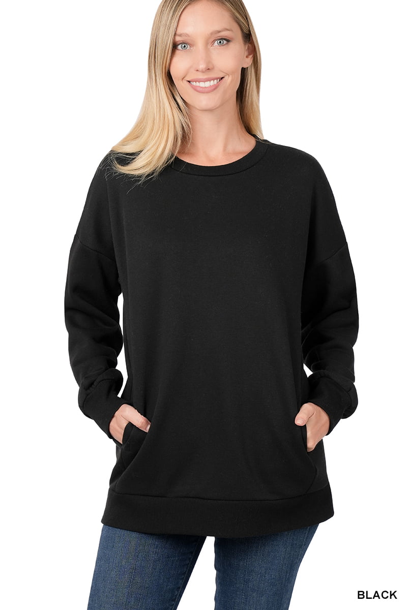 Zenana Women And Plus S 3xl Basic Relaxed Long Sleeve Round Neck Sweatshirts Wside Pockets