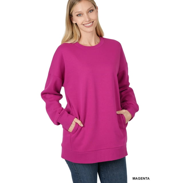 Zenana Women And Plus S 3xl Basic Relaxed Long Sleeve Round Neck Sweatshirts W Side Pockets