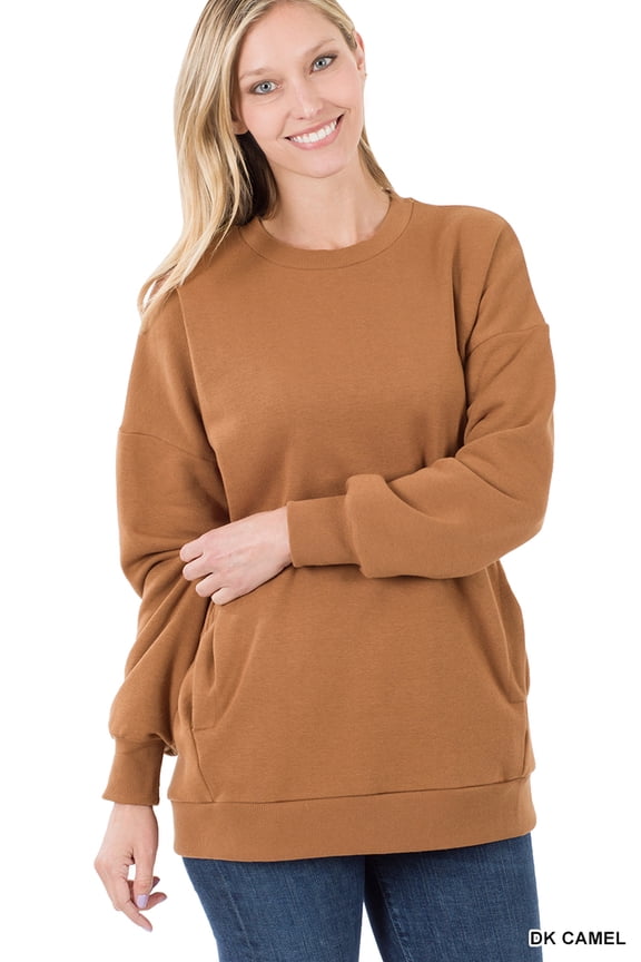 Women & Plus (S-3XL) Basic Relaxed Long Sleeve Round Neck Sweatshirts w/Side Pockets