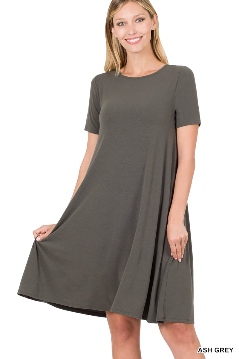 Zenana Premium Women's Gray Polyester Short Sleeve A-Line T-Shirt Dress  Size M