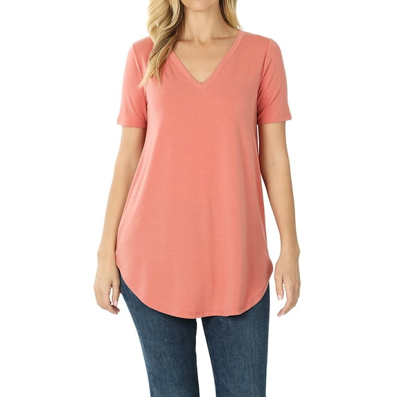 Zenana Women & Plus Short Sleeve V Neck Relaxed Fit Casual Round Hem Tee Shirt Top