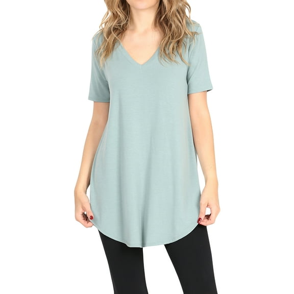 Zenana Women & Plus Short Sleeve V Neck Relaxed Fit Casual Round Hem Tee Shirt Top