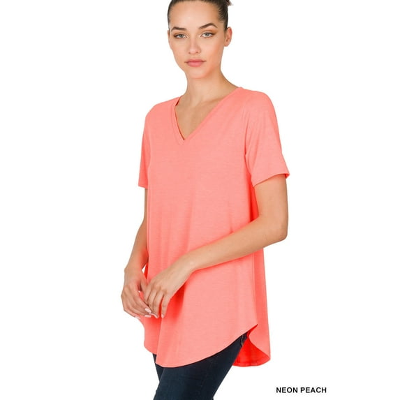 Zenana Women & Plus Short Sleeve V Neck Relaxed Fit Casual Round Hem Tee Shirt Top