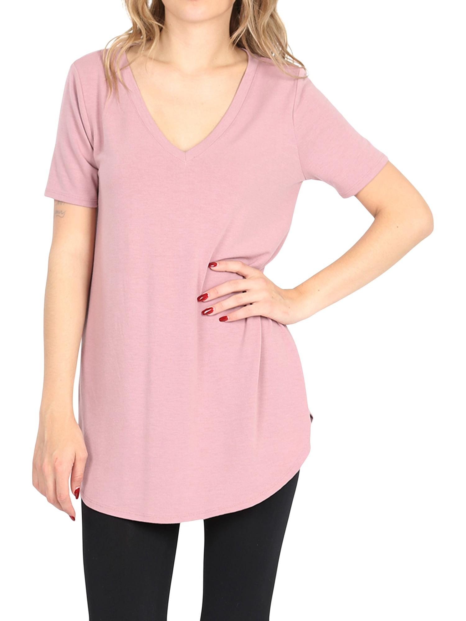 Zenana Women & Plus Short Sleeve V Neck Relaxed Fit Casual Round Hem