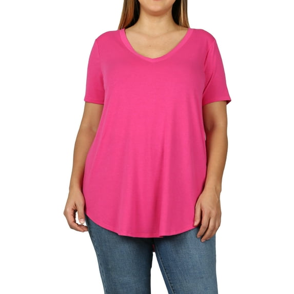 Zenana Women & Plus Short Sleeve V Neck Relaxed Fit Casual Round Hem Tee Shirt Top