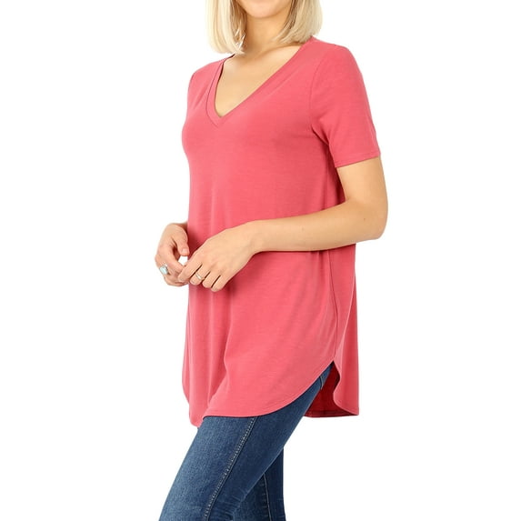Zenana Women & Plus Short Sleeve V Neck Relaxed Fit Casual Round Hem Tee Shirt Top