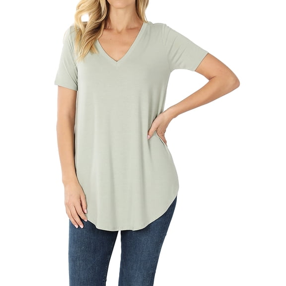 Zenana Women & Plus Short Sleeve V Neck Relaxed Fit Casual Round Hem Tee Shirt Top