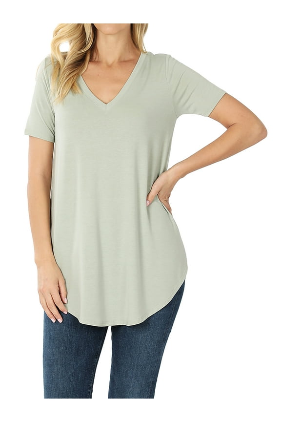 Women & Plus Short Sleeve V Neck Relaxed Fit Casual Round Hem Tee Shirt Top