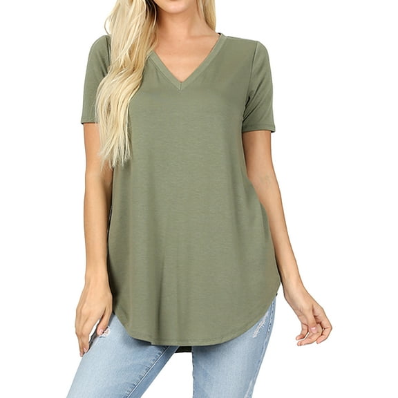 Zenana Women & Plus Short Sleeve V Neck Round Hem Relaxed Fit Casual Tee Shirt Top