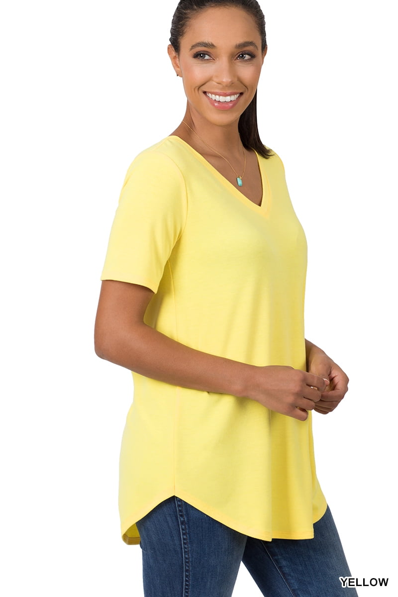 Zenana Women & Plus (S-3X) Soft Rayon Long Sleeve Dolphin Hem V-Neck Tee  Shirt Top 