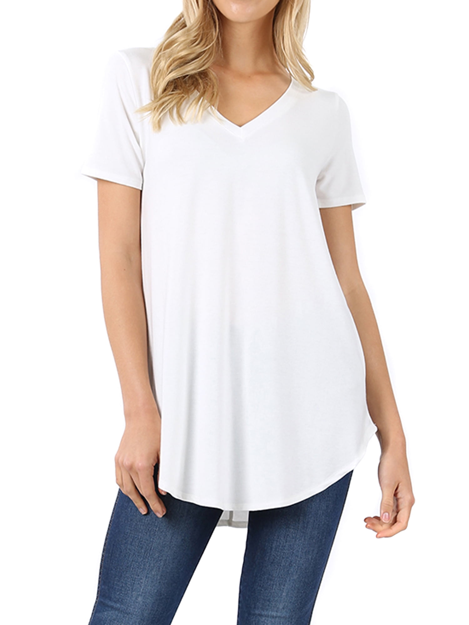Zenana Women & Plus Short Sleeve V Neck Round Hem Relaxed Fit Casual Tee Shirt Top