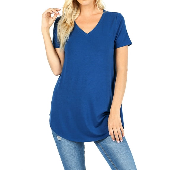 Zenana Women & Plus Short Sleeve V Neck Round Hem Relaxed Fit Casual Tee Shirt Top