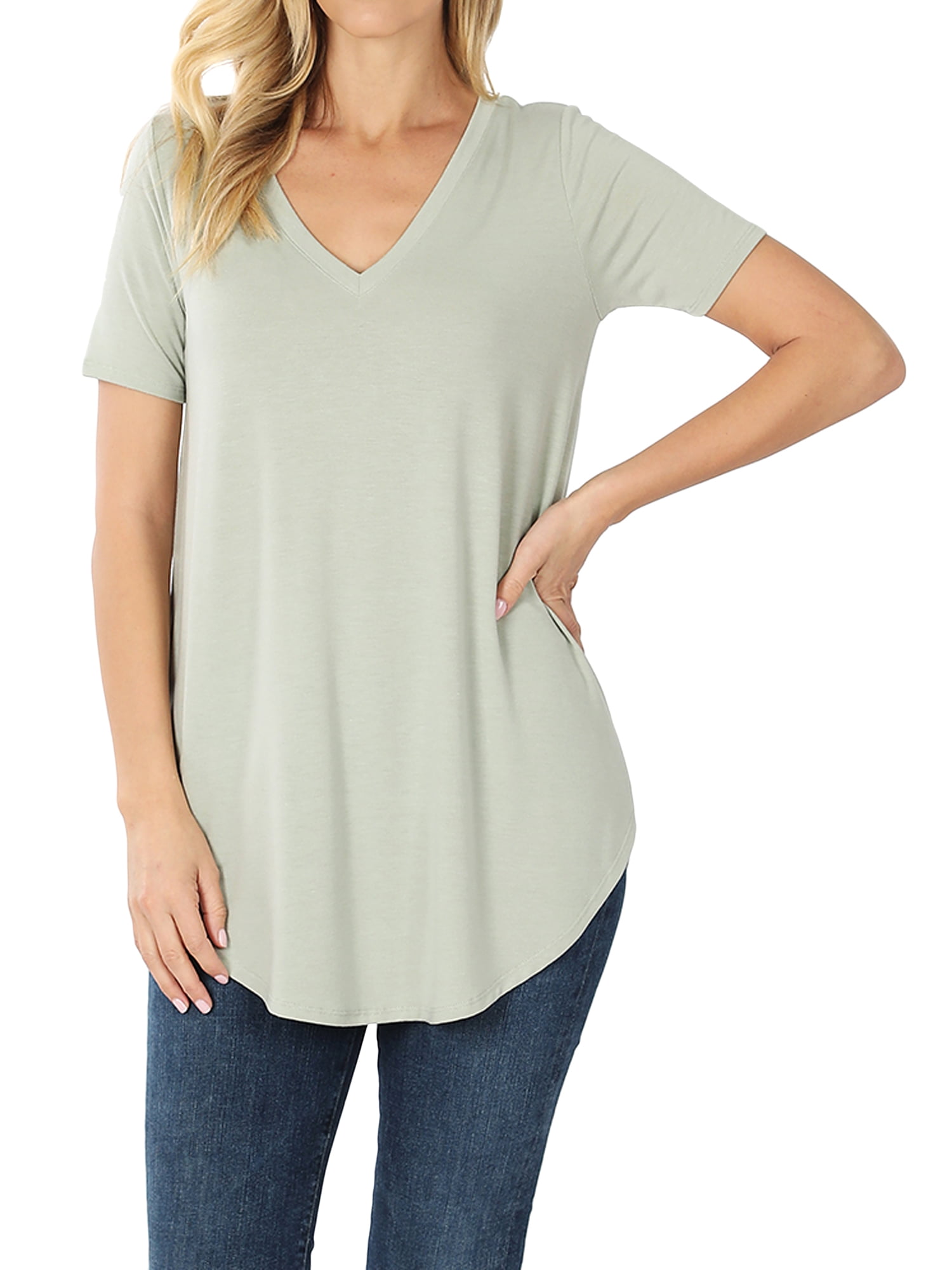Zenana Women & Plus Short Sleeve V Neck Round Hem Relaxed Fit Casual