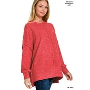 Zenana Women & Plus Size Brushed Melange Hacci Overside Kimono Batwing Sleeve Lightweight Hi-Low Hem Sweater