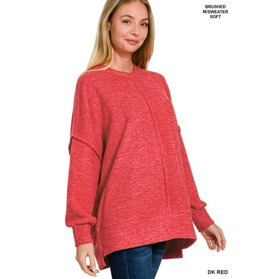 Zenana Women & Plus Size Brushed Melange Hacci Overside Kimono Batwing Sleeve Lightweight Hi-Low Hem Sweater