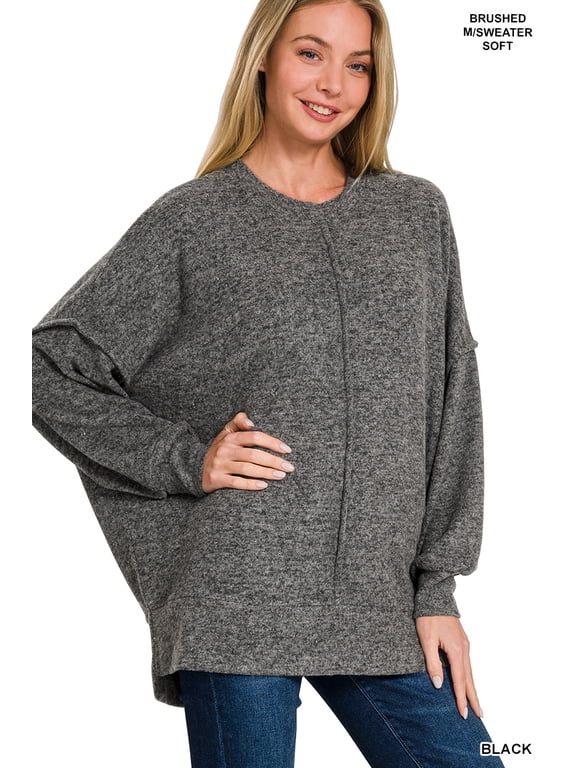 Women & Plus Size Brushed Melange Hacci Overside Kimono Batwing Sleeve Lightweight Hi-Low Hem Sweater