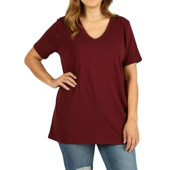 Zenana Women & Plus Size Cotton V-Neck Short Sleeve Casual Basic Tee Shirts