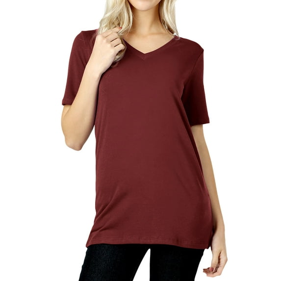 Zenana Women & Plus Size Cotton V-Neck Short Sleeve Casual Basic Tee Shirts