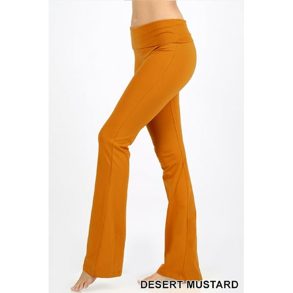 Zenana Women Plus Size Fold Over Waist Cotton Stretch Flare Leg Boot Cut Yoga Pants Leggings Desert Mustard 1X