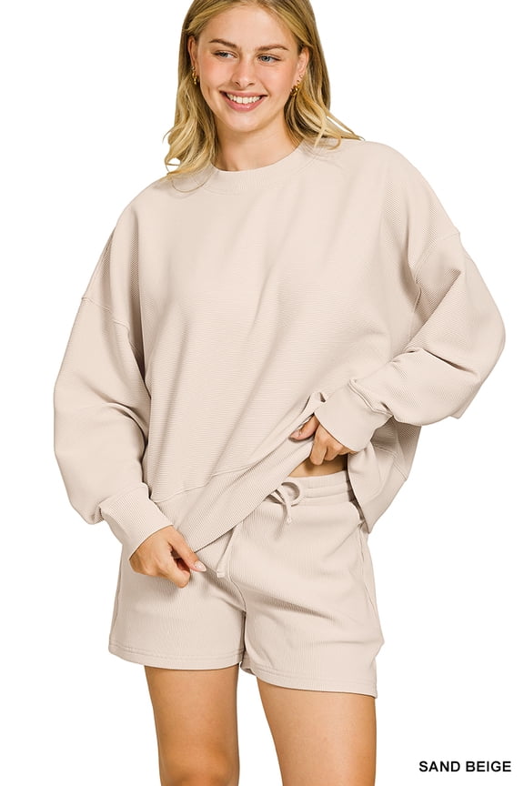 Women & Plus Size Ribbed Round Neck Long Sleeve Pullover Tee Shirt & Banded Waist Drawstring Shorts Set