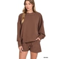 thumbnail image 1 of Zenana Women & Plus Size Ribbed Round Neck Long Sleeve Pullover Tee Shirt & Banded Waist Drawstring Shorts Set, 1 of 8